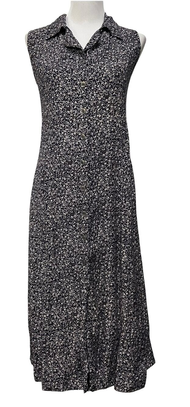Vintage Erika Midi Dress Navy Blue & White Floral Cottage Tie Back Medium